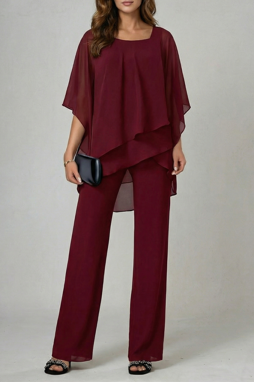 Élaria – Fluidez em chiffon assimétrico – Conjunto de top e calça