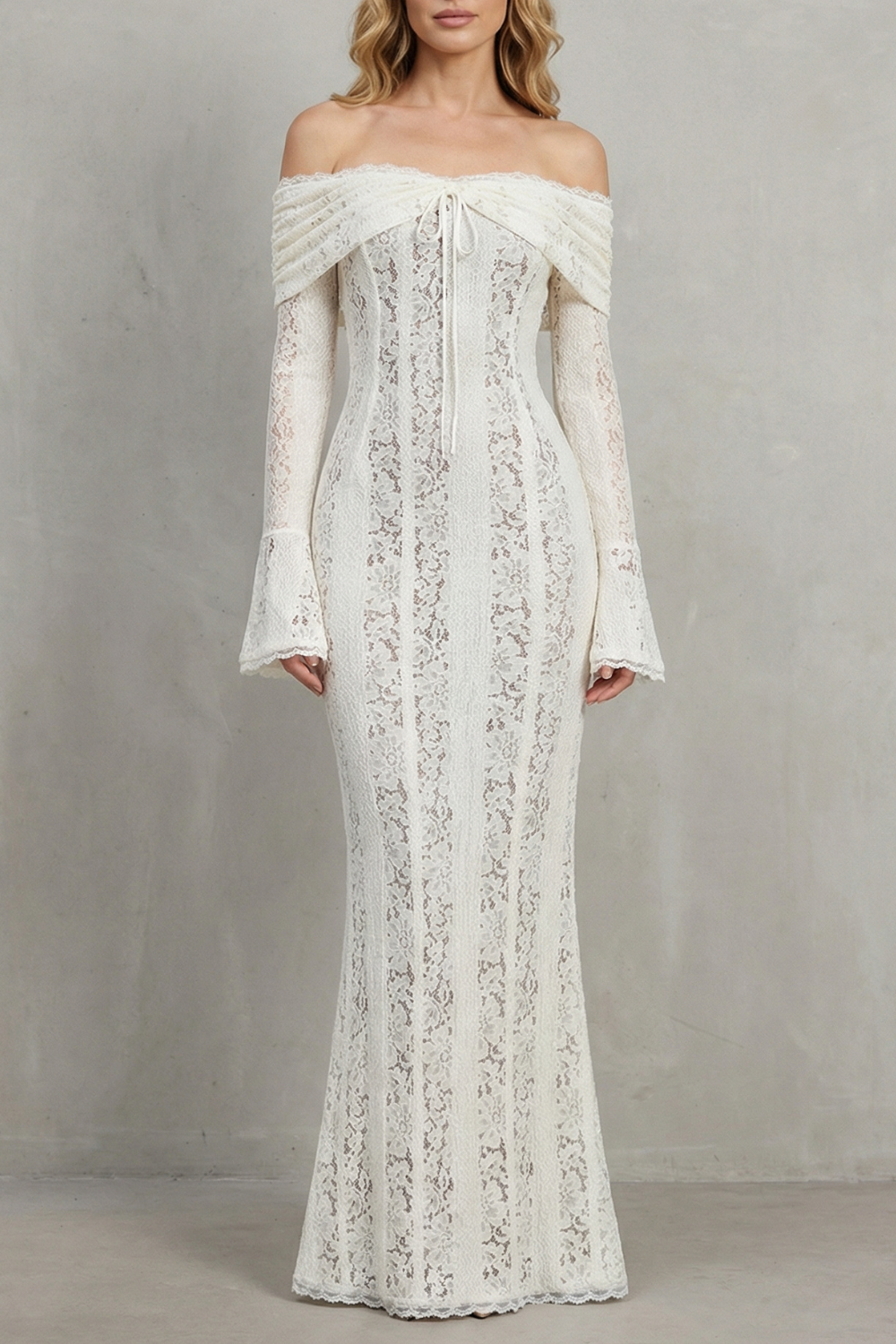 Elarina – Silhueta romântica de renda – Vestido longo ombro a ombro