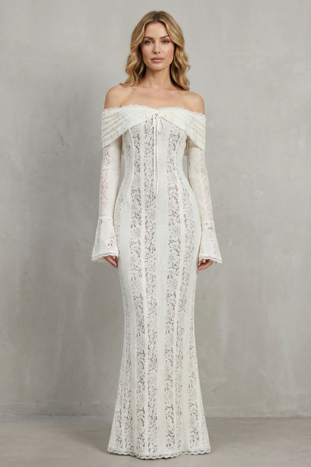 Elarina – Silhueta romântica de renda – Vestido longo ombro a ombro