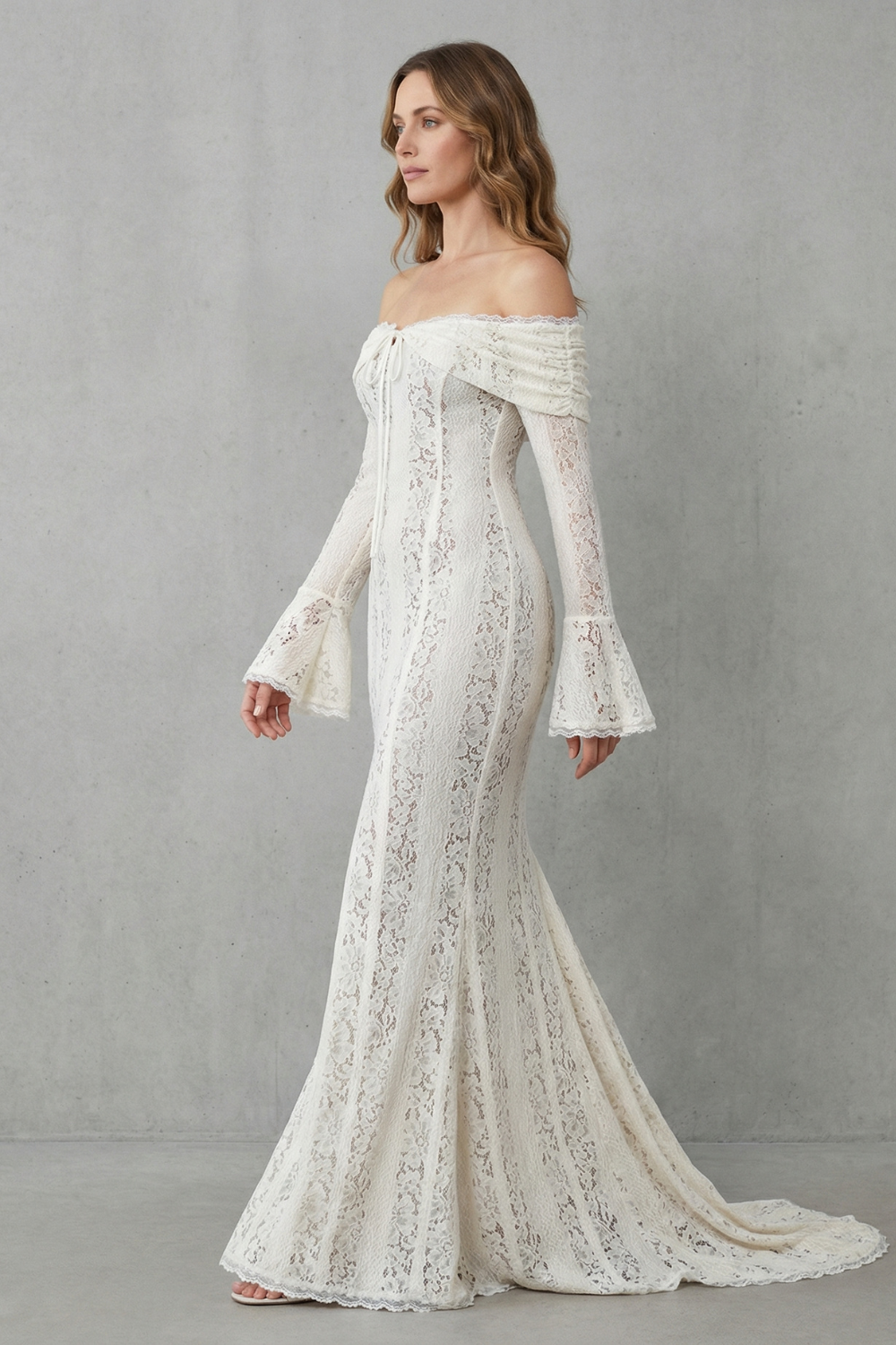 Elarina – Silhueta romântica de renda – Vestido longo ombro a ombro
