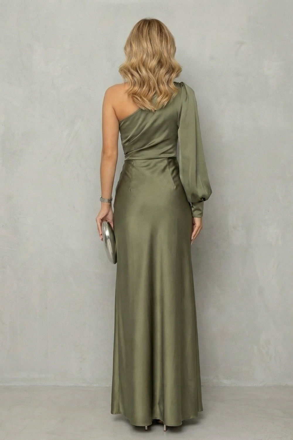 Elarisse – Elegância com cintura drapeada – Vestido longo com ombro único e fenda