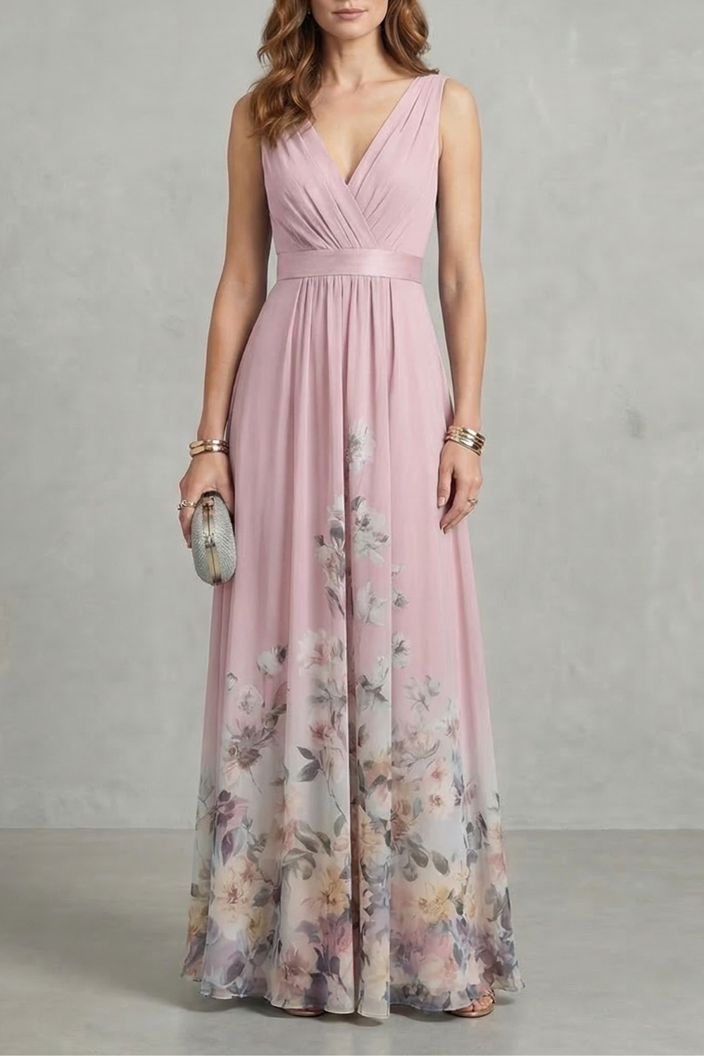 Elarisse – Graça floral – Vestido longo decote V