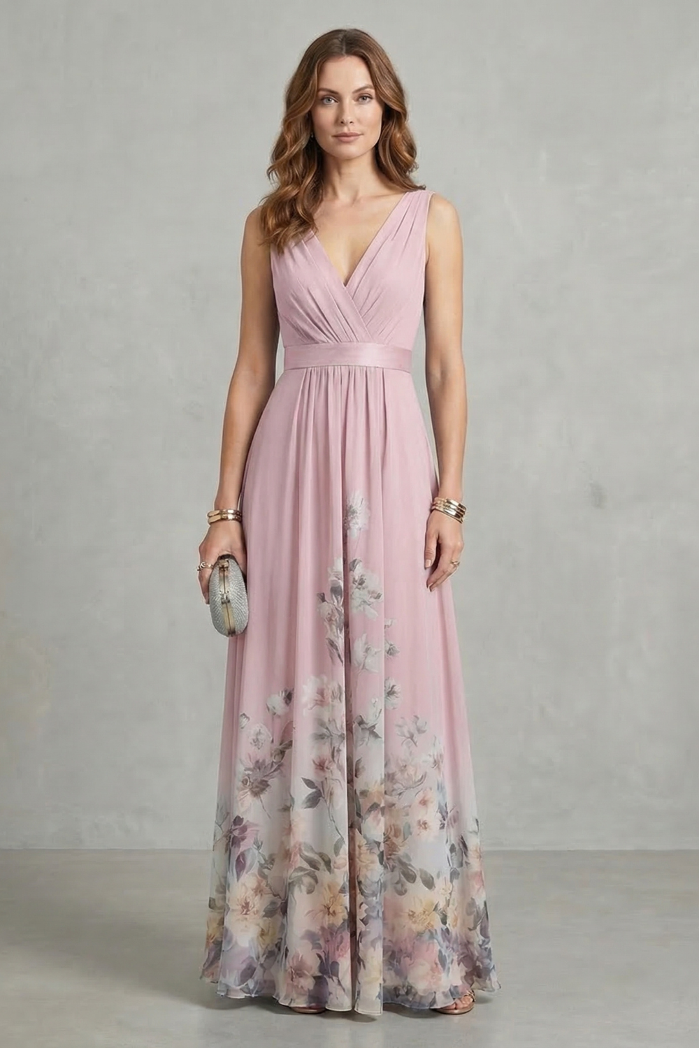Elarisse – Graça floral – Vestido longo decote V