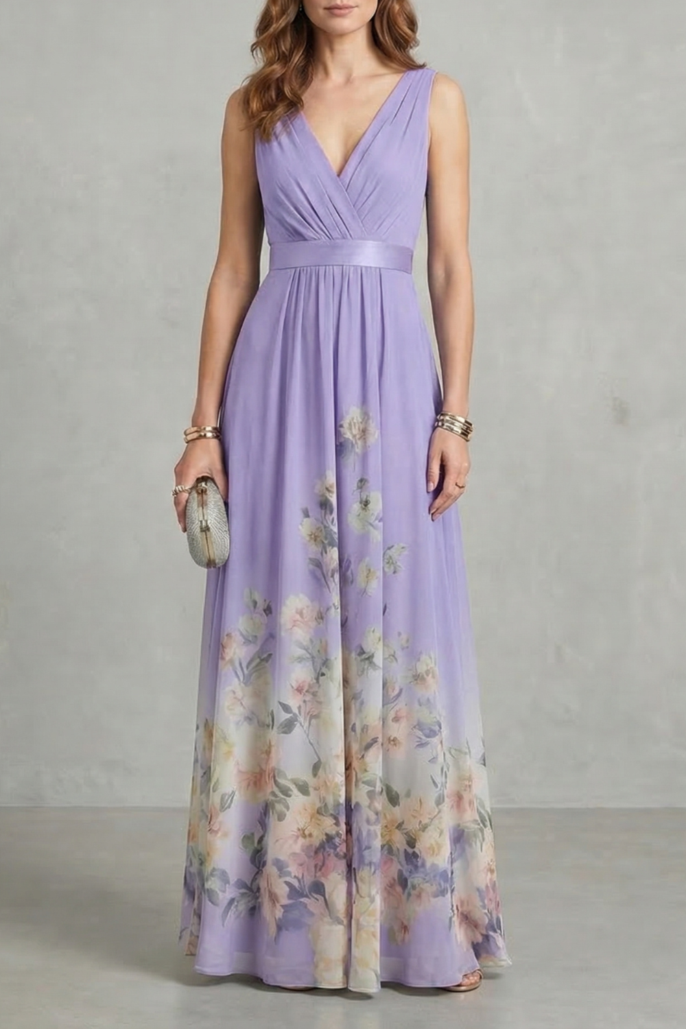 Elarisse – Graça floral – Vestido longo decote V