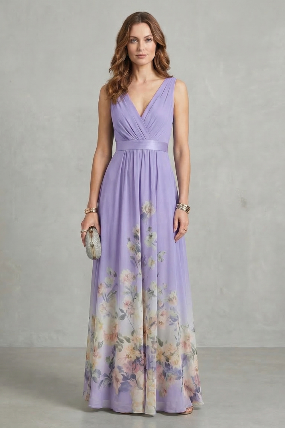 Elarisse – Graça floral – Vestido longo decote V