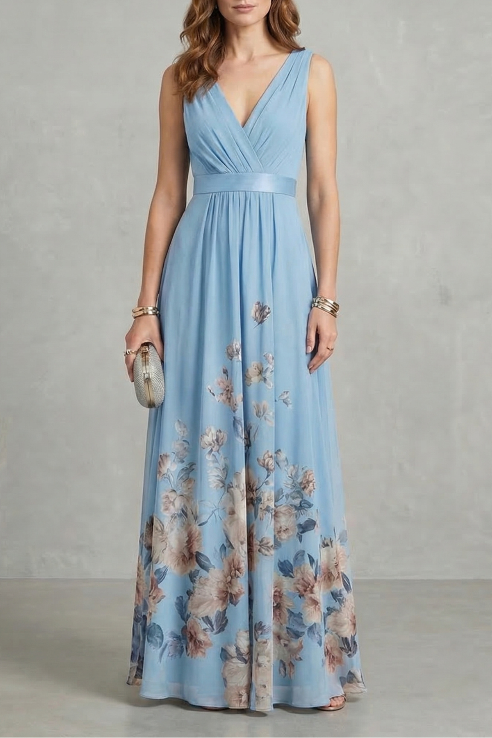 Elarisse – Graça floral – Vestido longo decote V