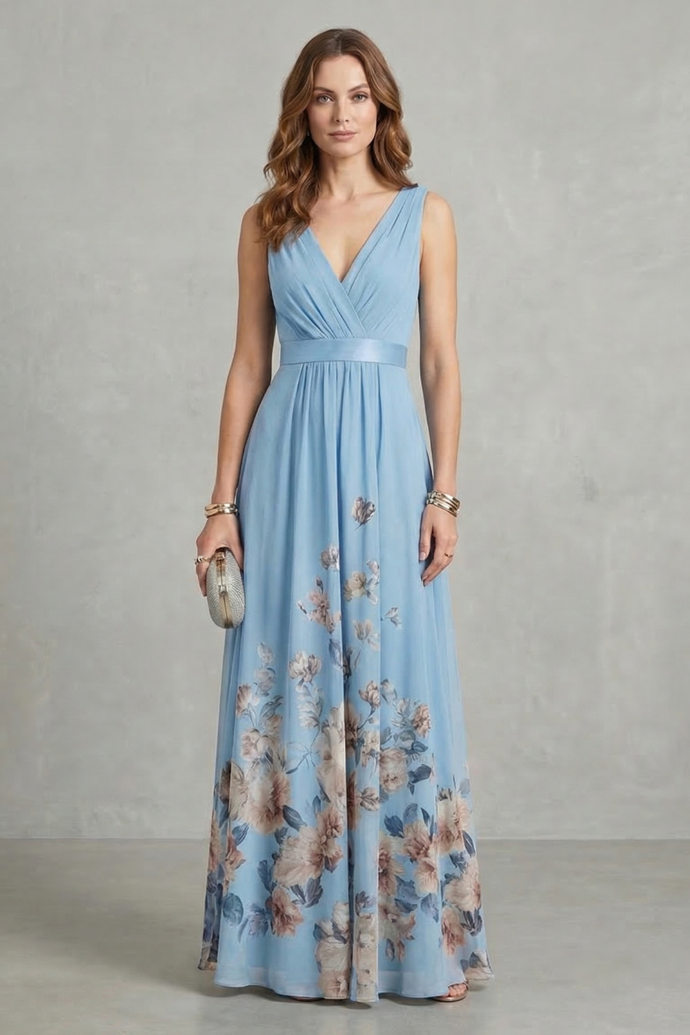 Elarisse – Graça floral – Vestido longo decote V