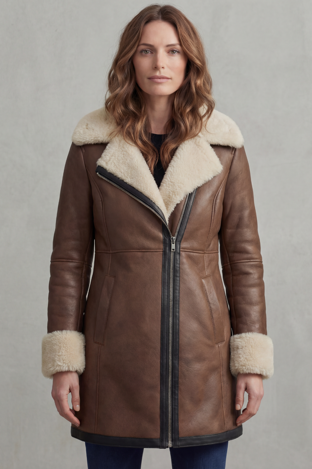 Elisara – Gola de shearling – Casaco de couro de inverno