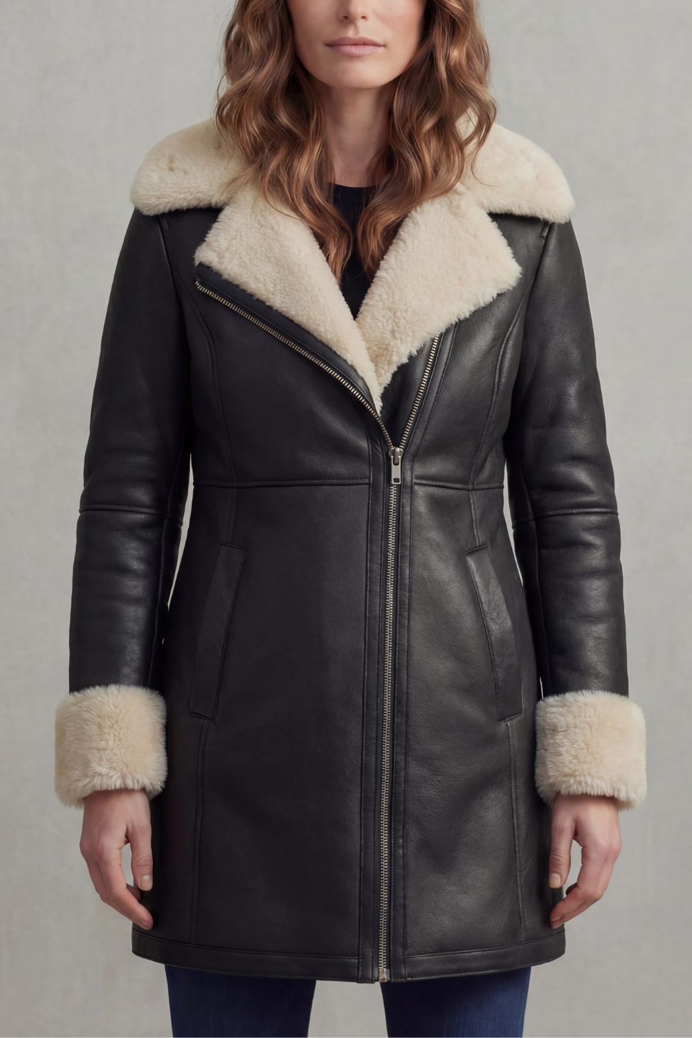 Elisara – Gola de shearling – Casaco de couro de inverno
