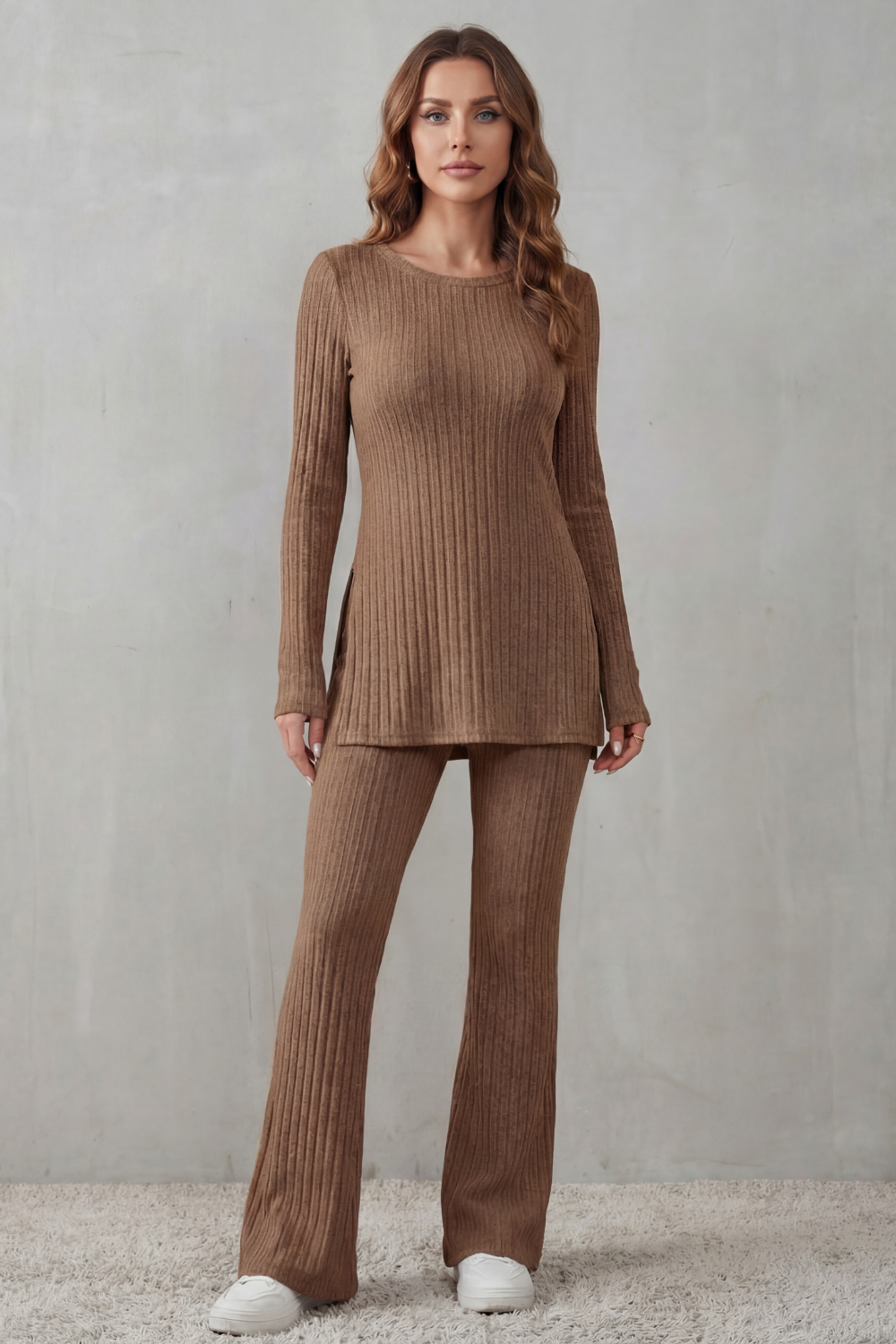 Elisianne – Elegância canelada – Conjunto de malha lounge