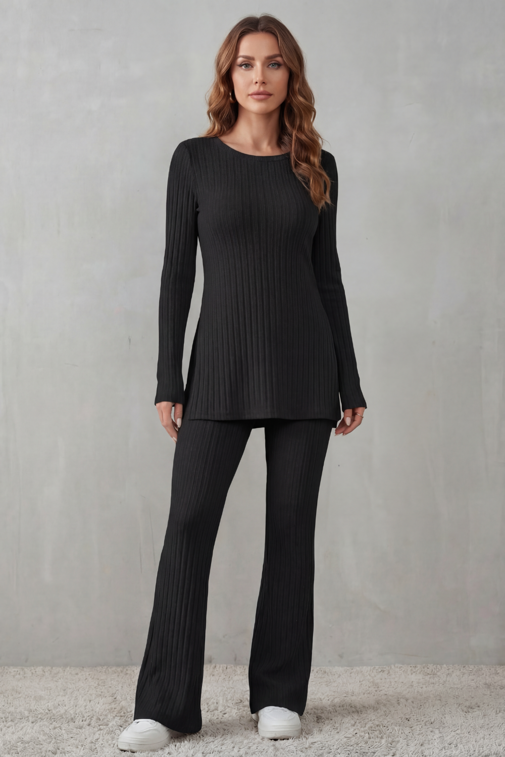 Elisianne – Elegância canelada – Conjunto de malha lounge
