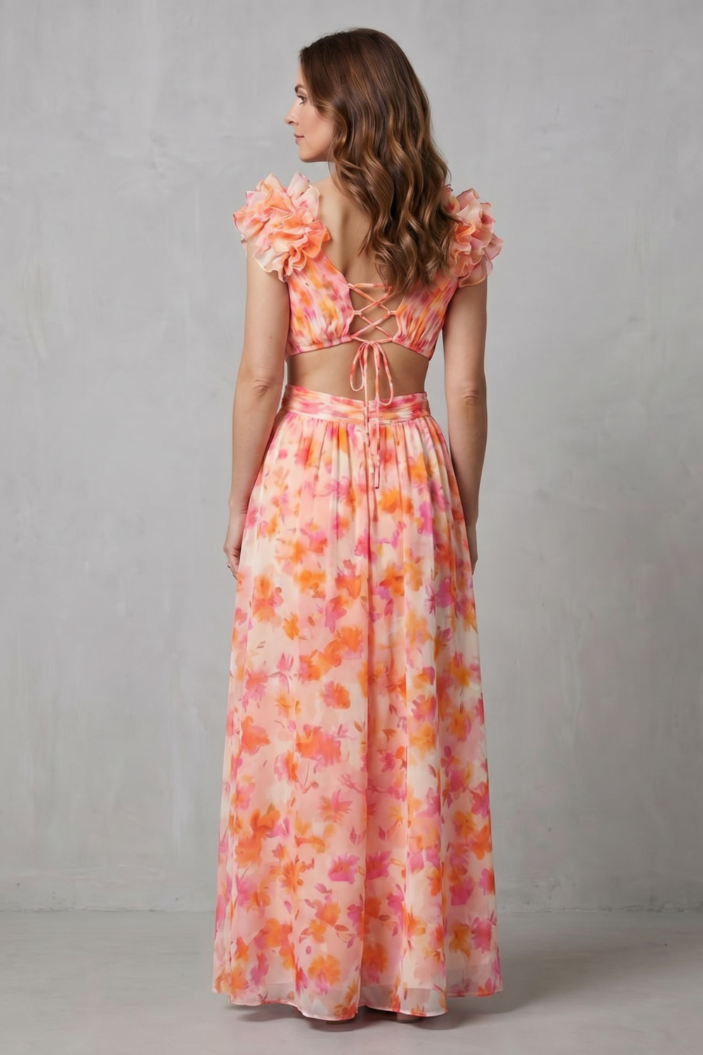 Elizara – Romance floral com babados – Vestido longo