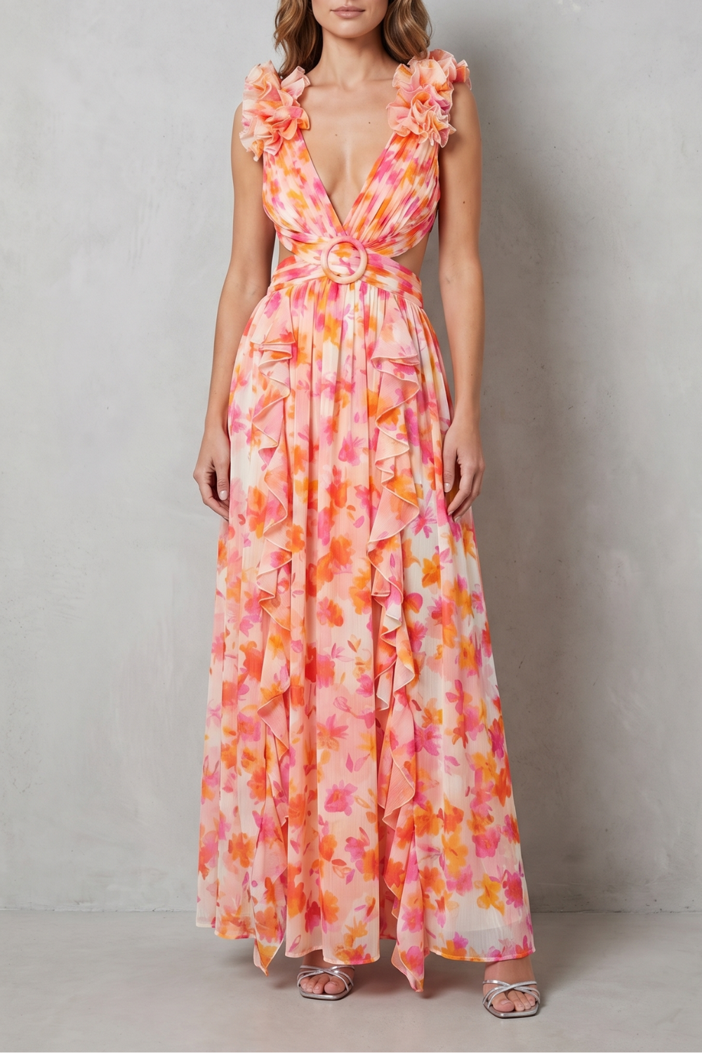 Elizara – Romance floral com babados – Vestido longo