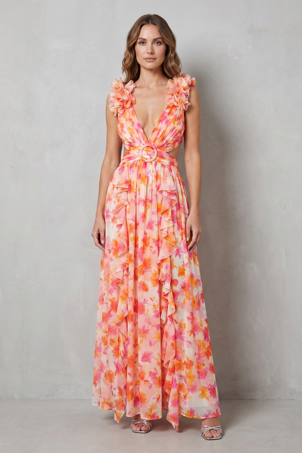 Elizara – Romance floral com babados – Vestido longo