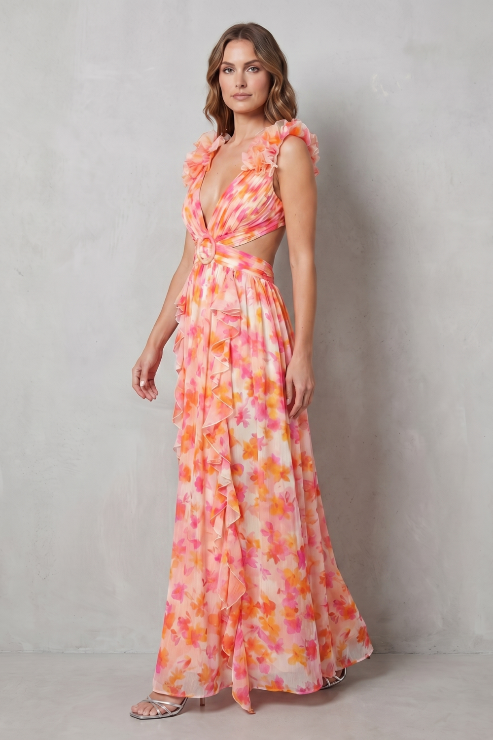 Elizara – Romance floral com babados – Vestido longo