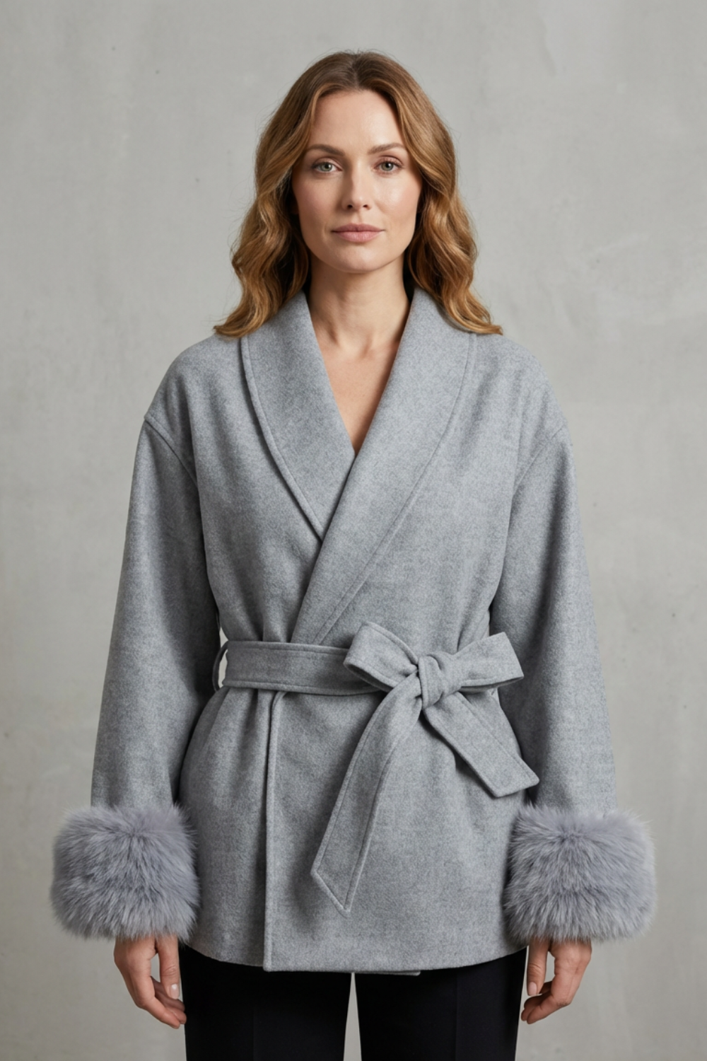 Elodie – Casaco de Lã Luxuoso com Punhos de Pelo Sintético e Design Transpassado com Cinto
