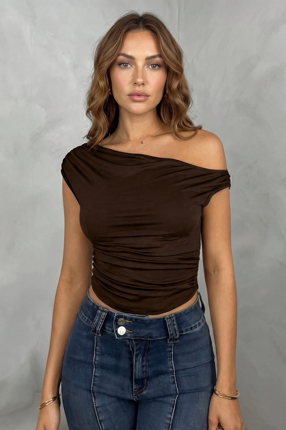 Elovienne – Silhueta franzida assimétrica – Top ombro único