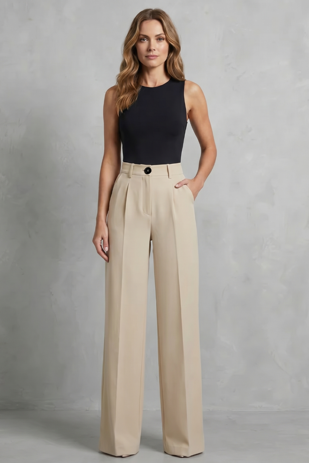 Elozane – Pregas estruturadas – Calça pantalona de cintura alta