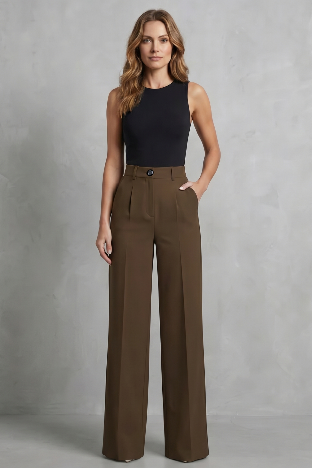 Elozane – Pregas estruturadas – Calça pantalona de cintura alta