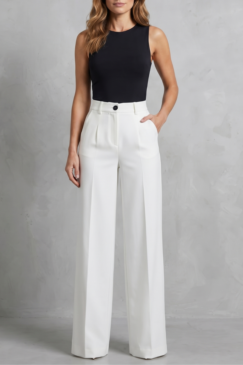 Elozane – Pregas estruturadas – Calça pantalona de cintura alta