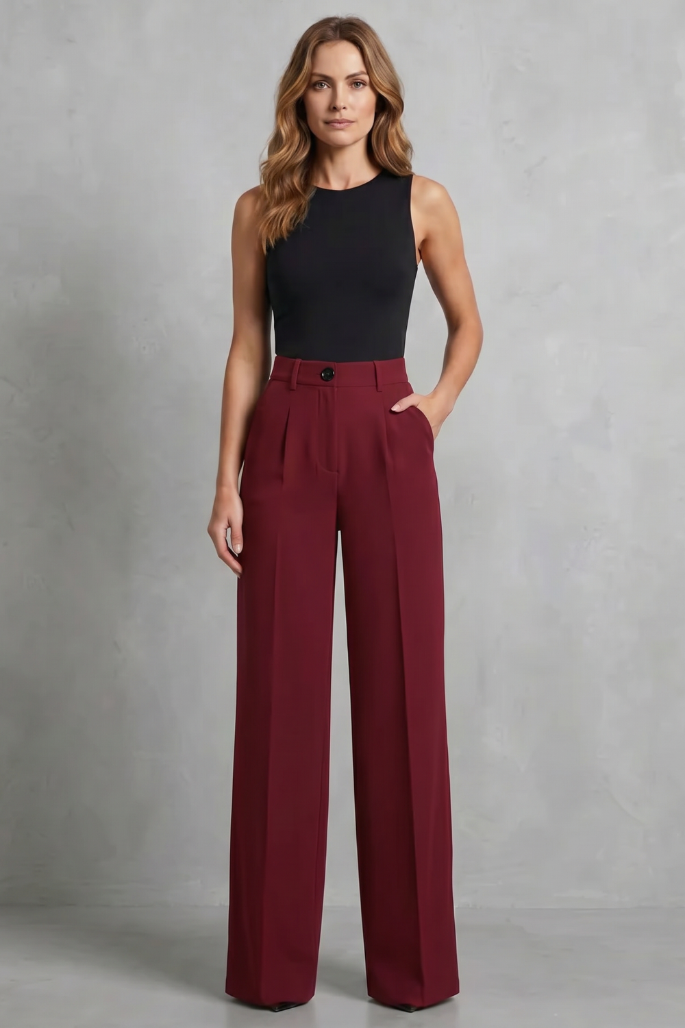 Elozane – Pregas estruturadas – Calça pantalona de cintura alta
