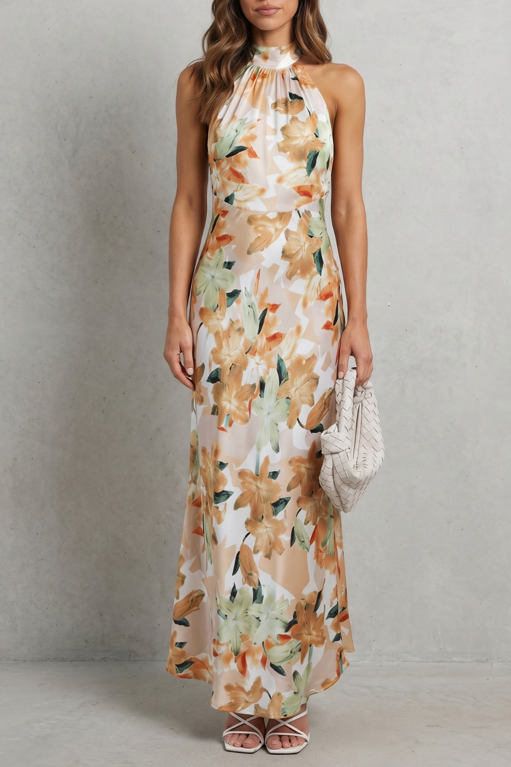 Emberelle – Elegância floral frente única – Vestido longo