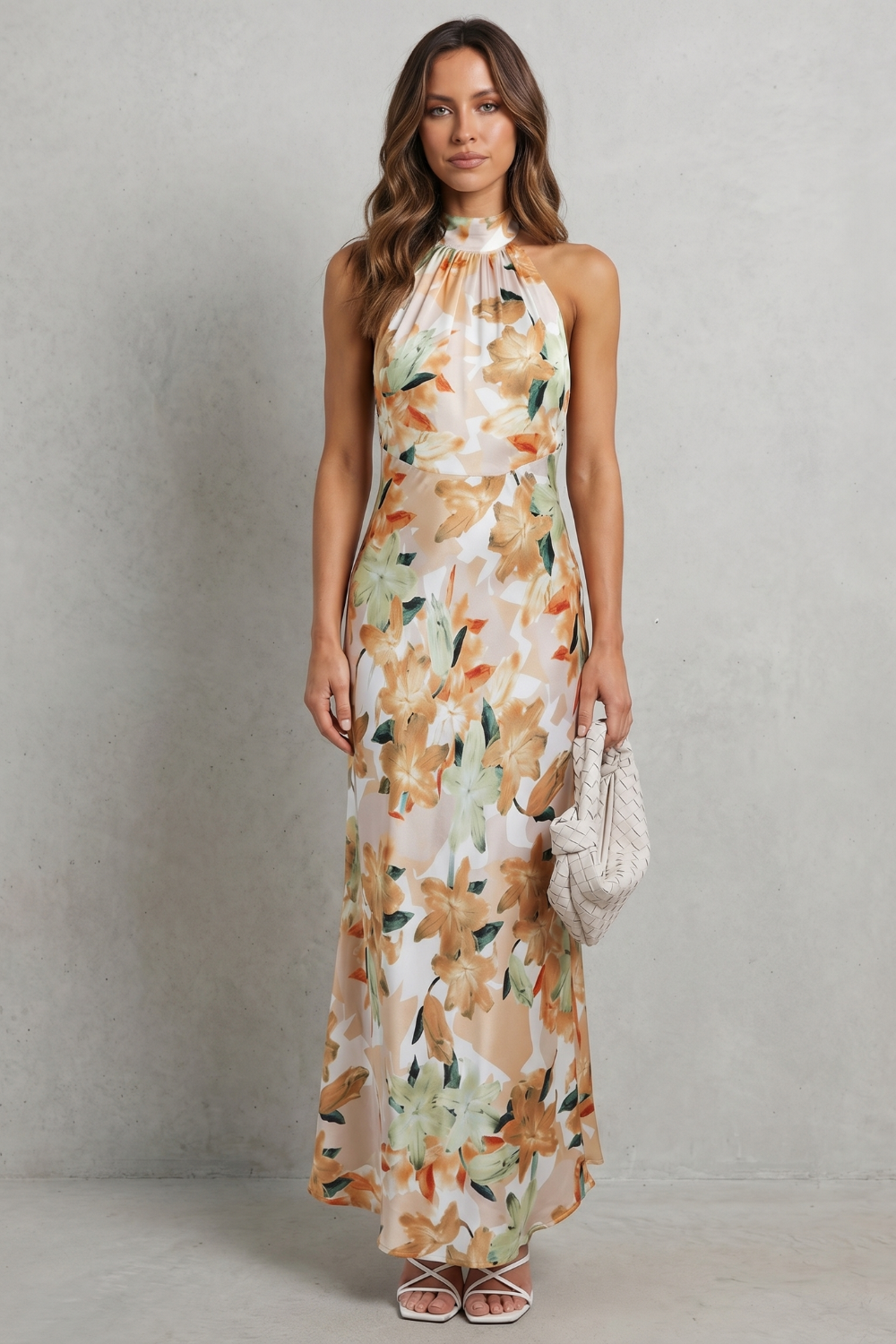 Emberelle – Elegância floral frente única – Vestido longo