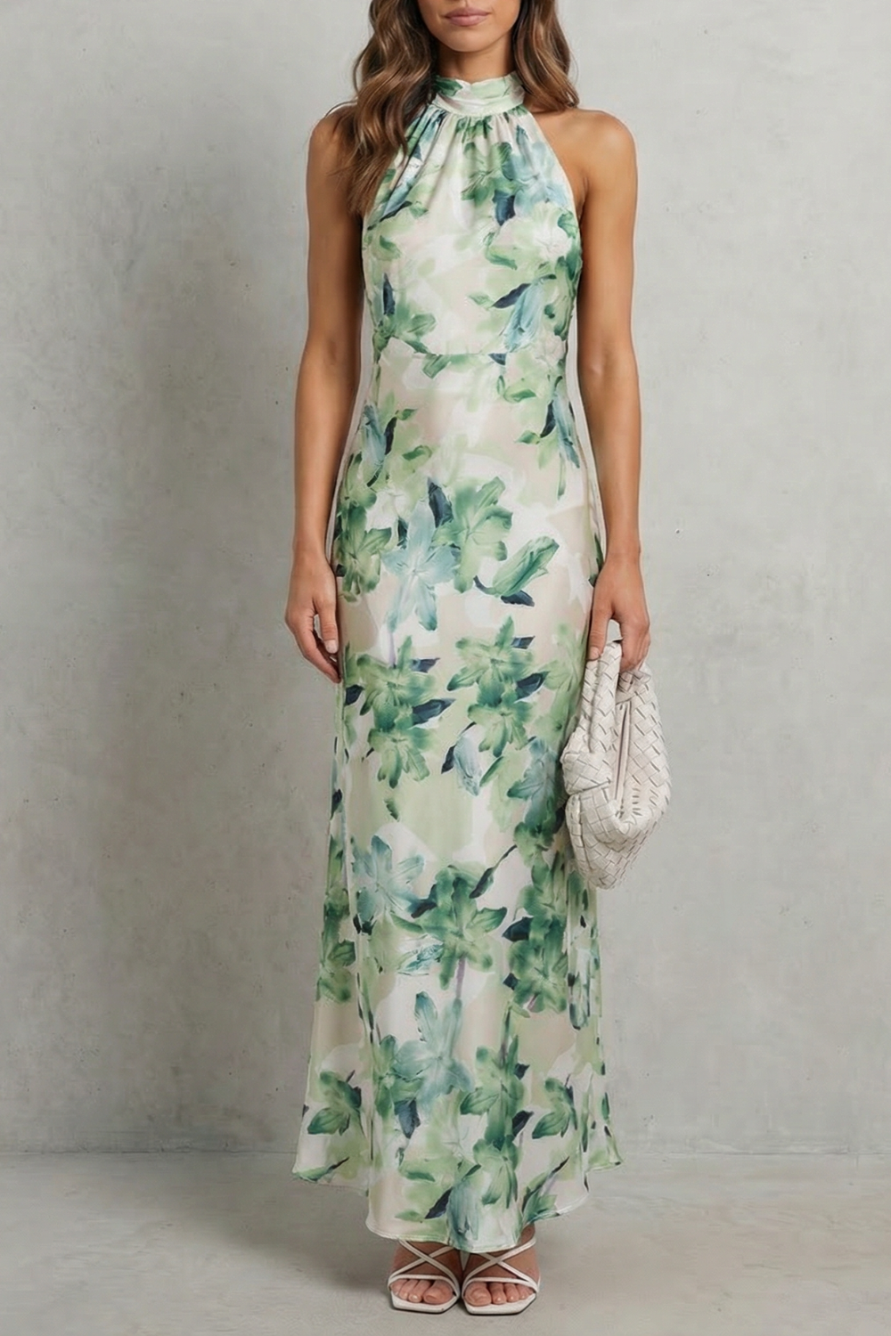 Emberelle – Elegância floral frente única – Vestido longo