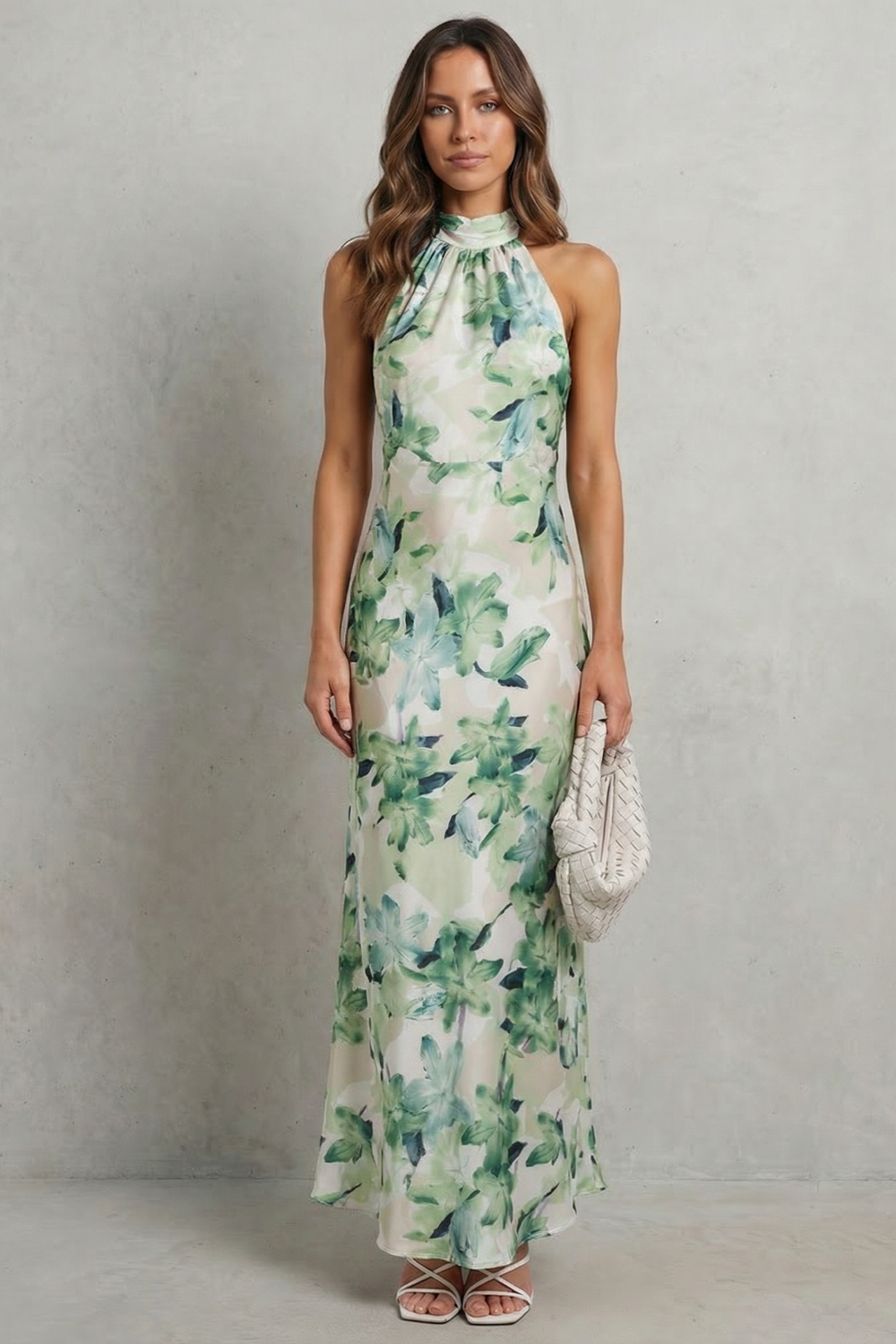 Emberelle – Elegância floral frente única – Vestido longo