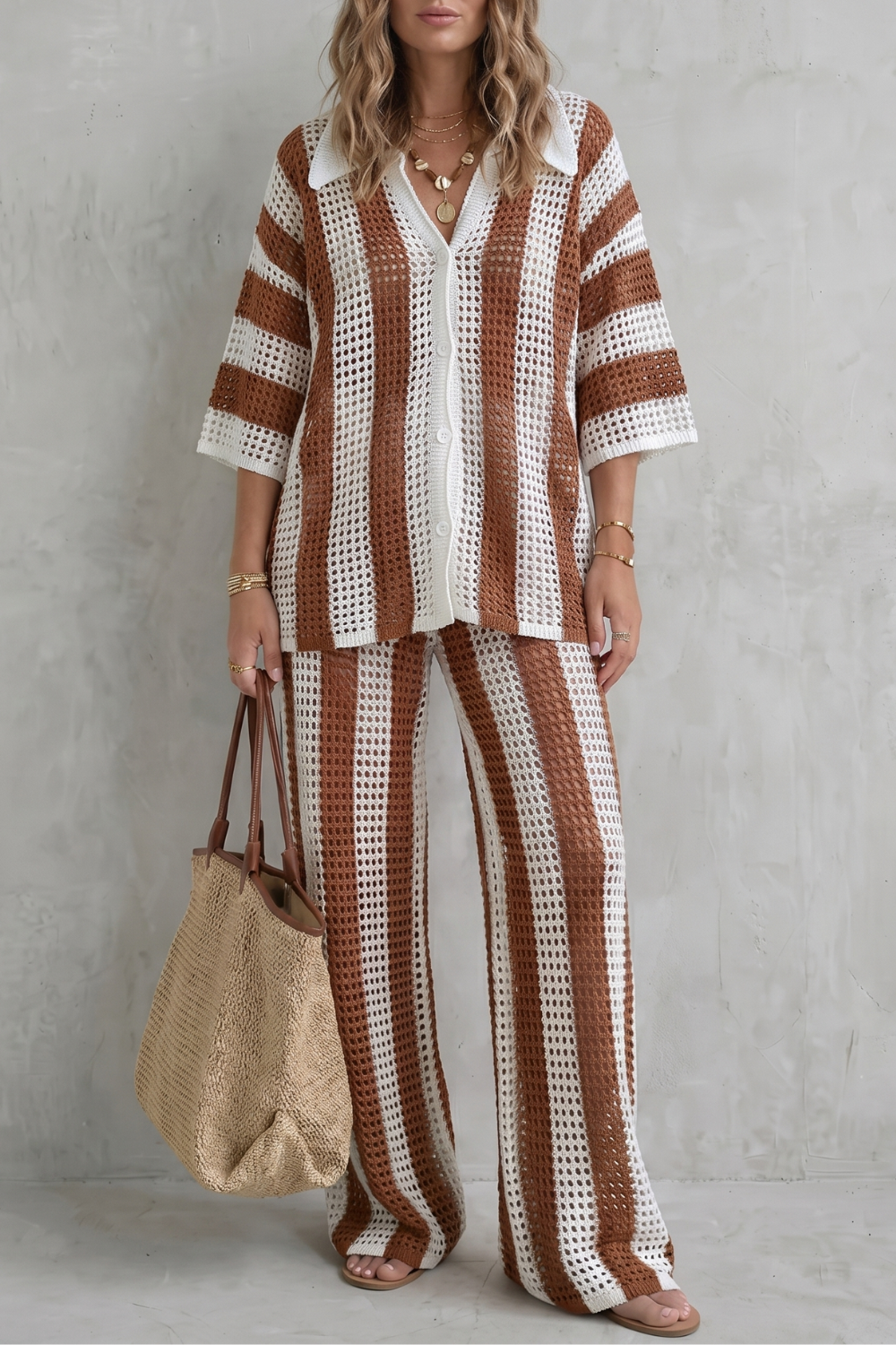 Evarisse – Textura de crochê listrada – Conjunto de verão