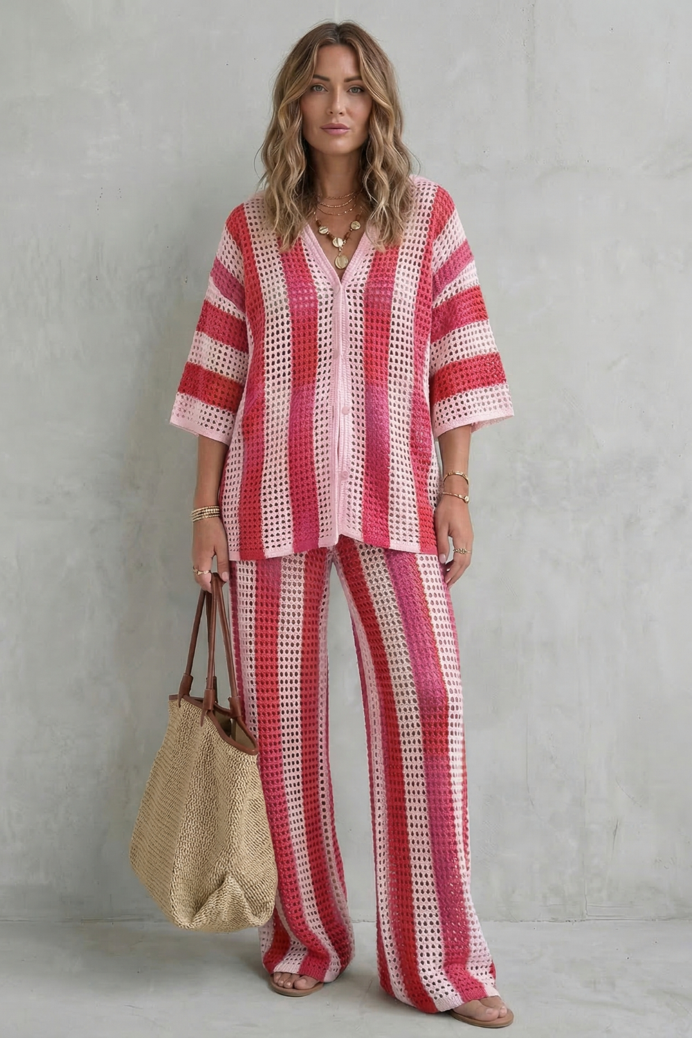 Evarisse – Textura de crochê listrada – Conjunto de verão