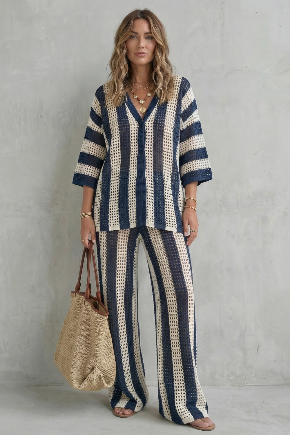 Evarisse – Textura de crochê listrada – Conjunto de verão