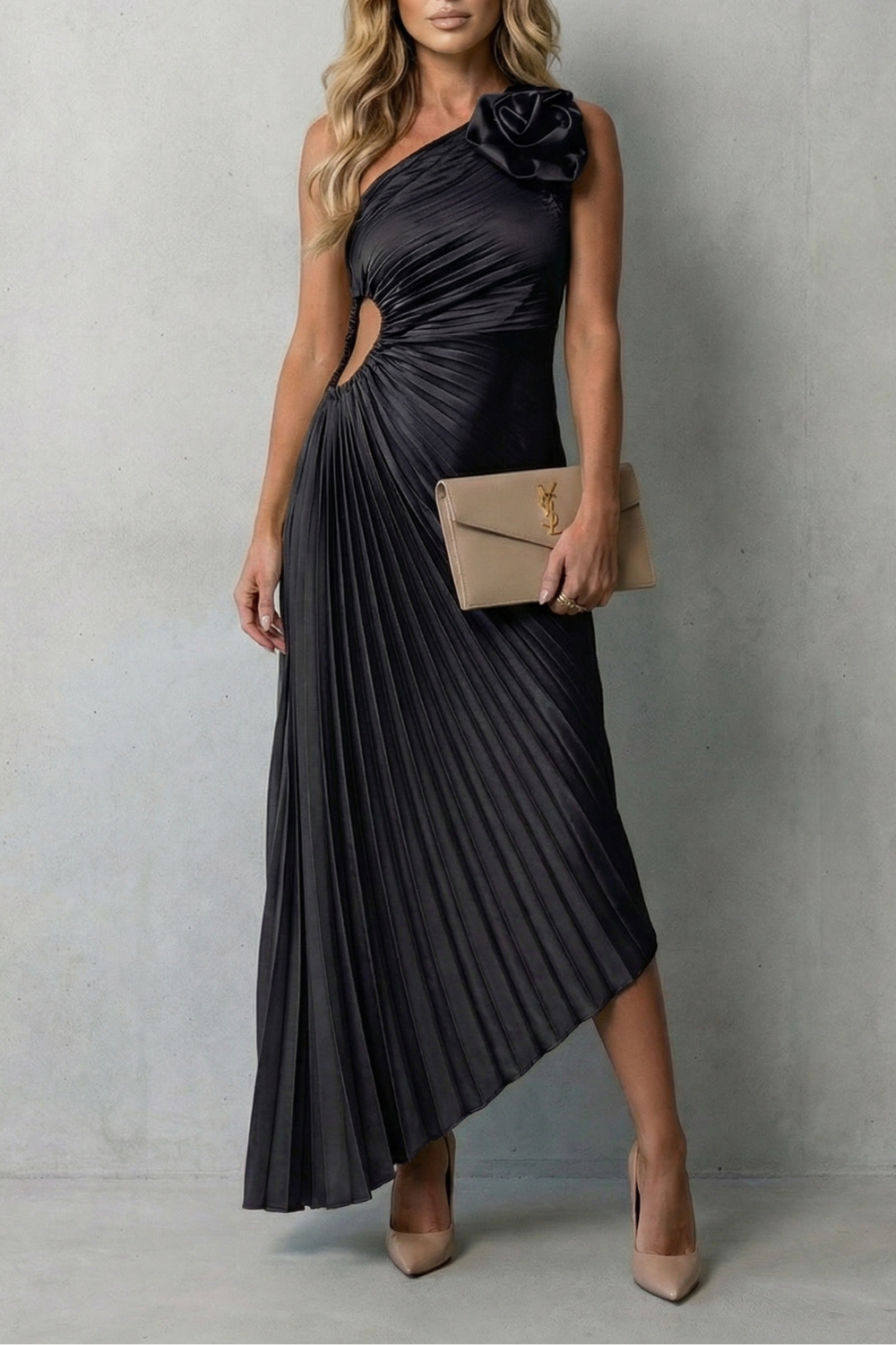 Felicity – Elegância marcante – Vestido Longo Plissado Ombro Único Feminino