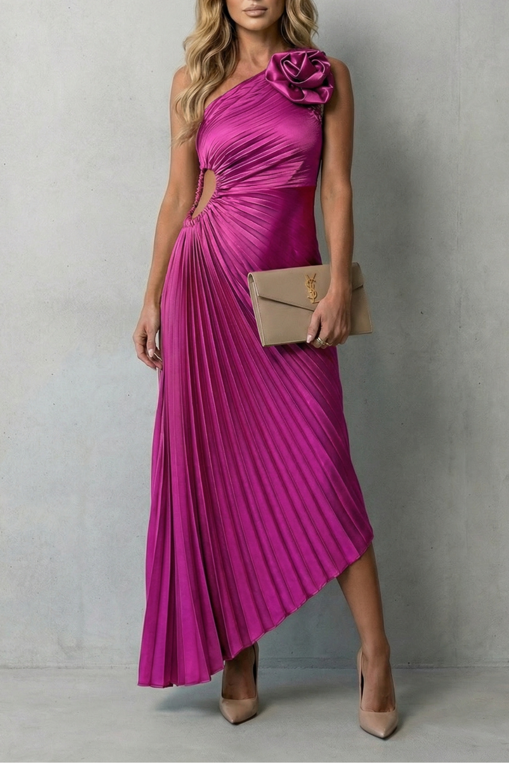 Felicity – Elegância marcante – Vestido Longo Plissado Ombro Único Feminino