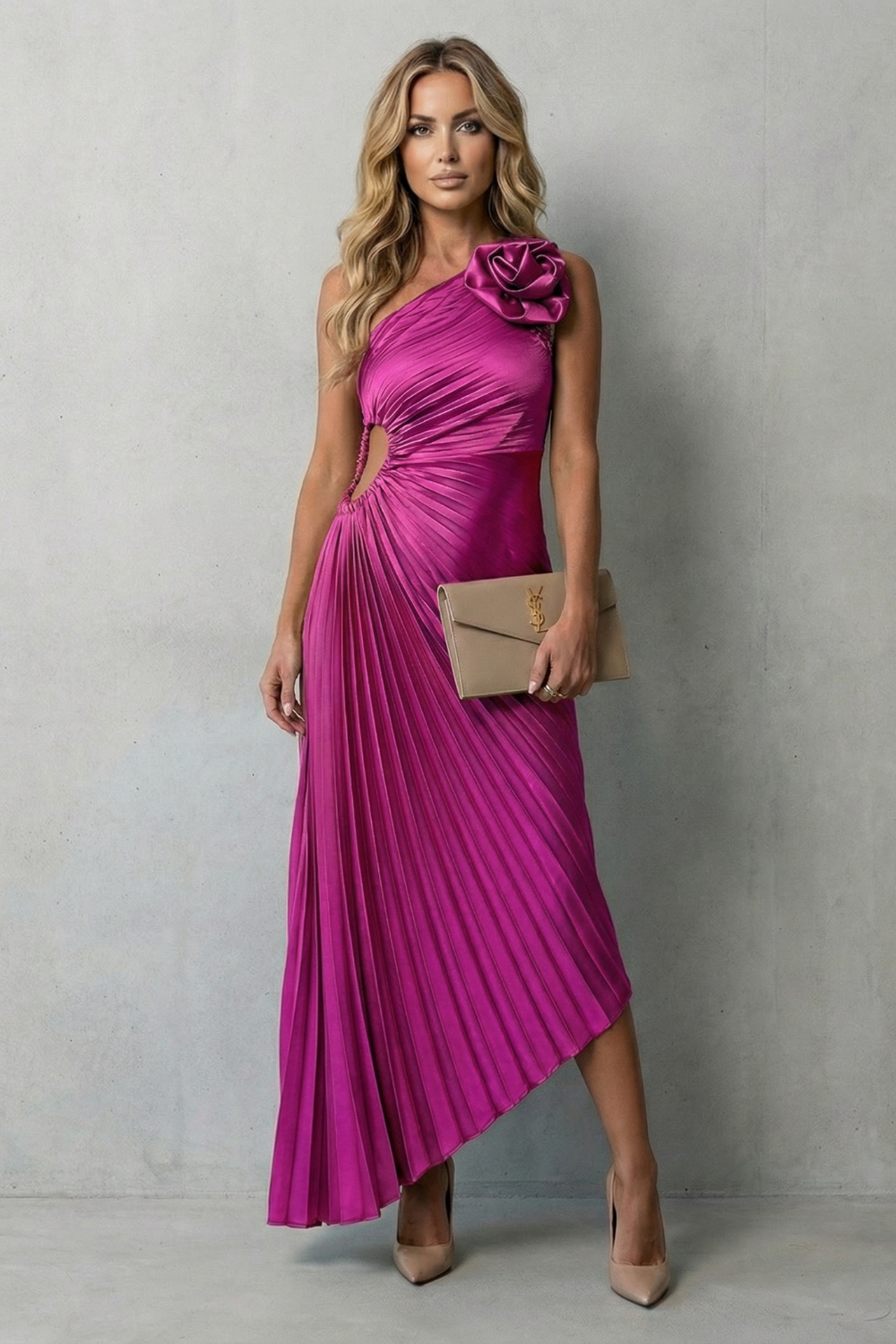 Felicity – Elegância marcante – Vestido Longo Plissado Ombro Único Feminino