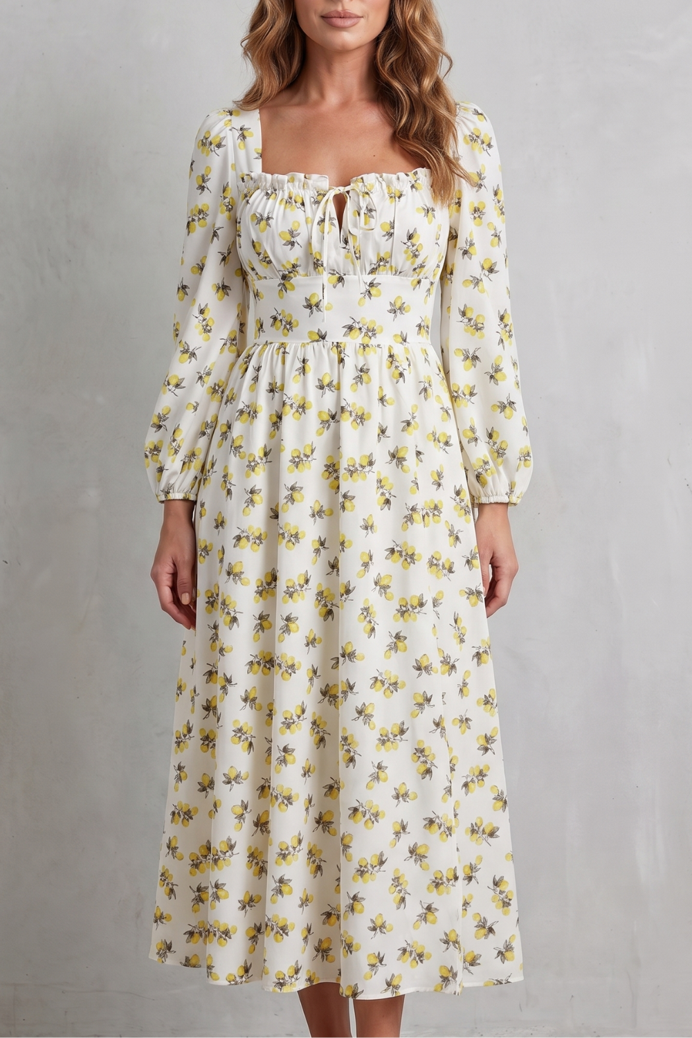 Fioralina – Romance com estampa de frutas – Vestido longo