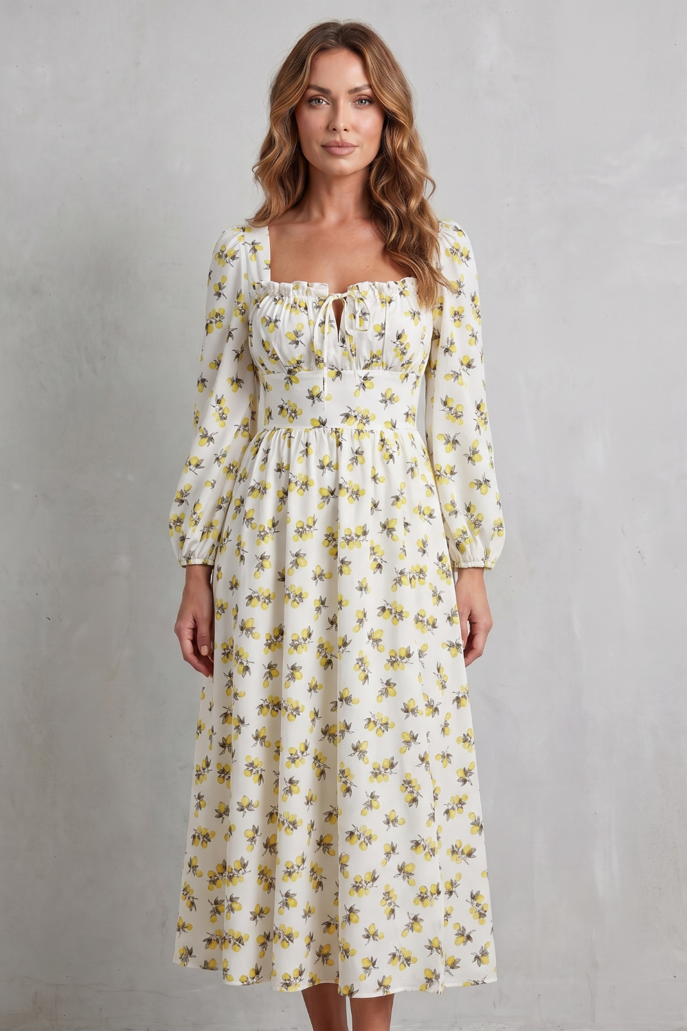 Fioralina – Romance com estampa de frutas – Vestido longo