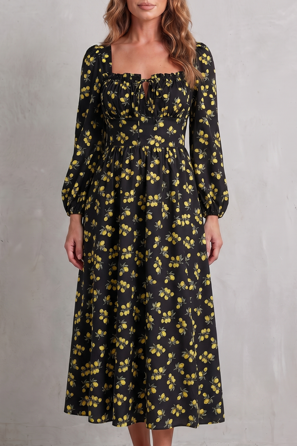 Fioralina – Romance com estampa de frutas – Vestido longo