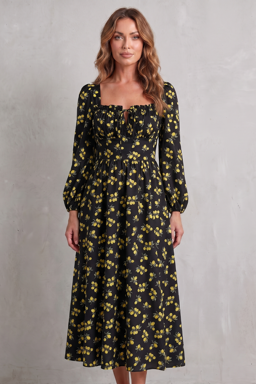 Fioralina – Romance com estampa de frutas – Vestido longo