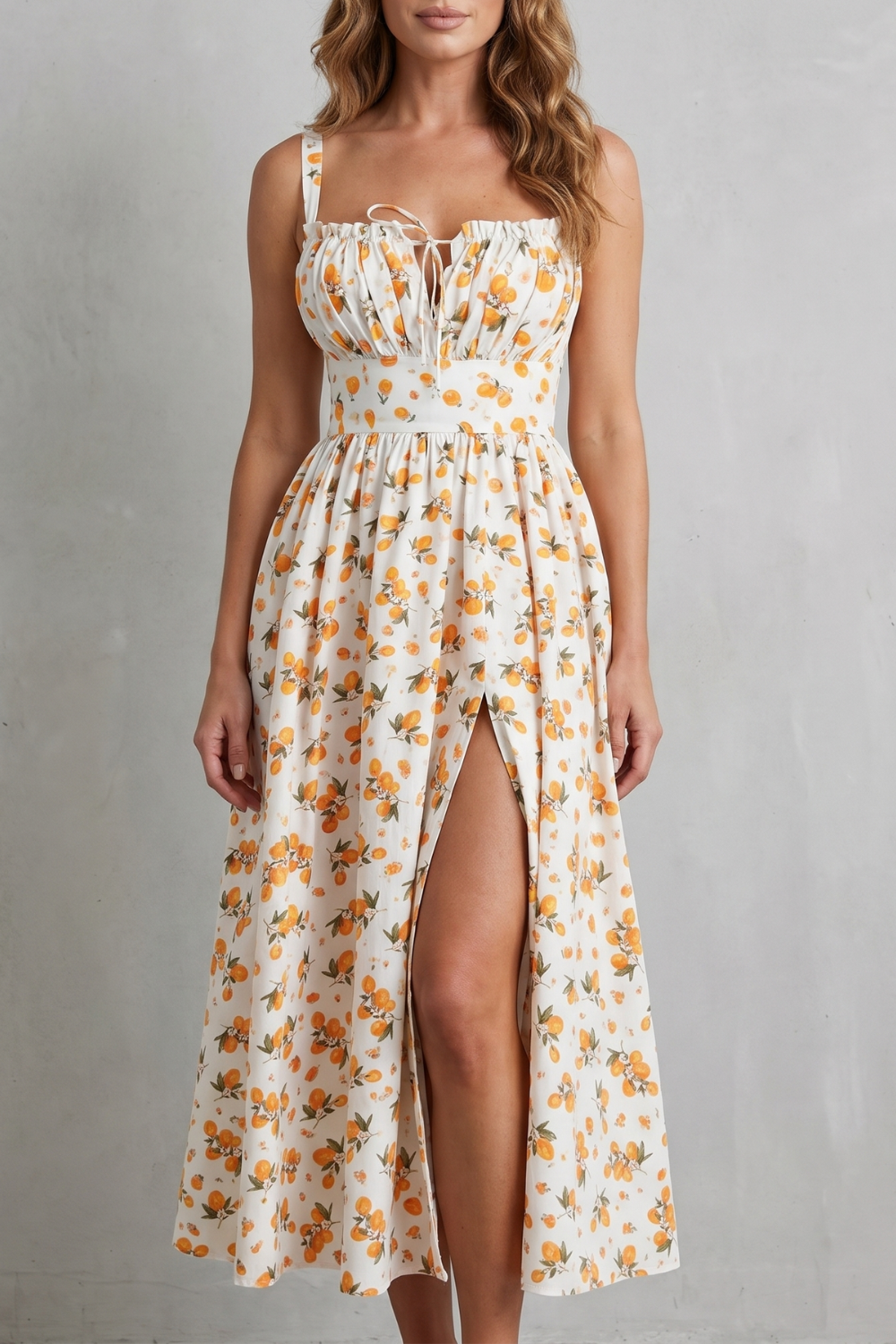 Fioralina – Romance com estampa de frutas – Vestido longo