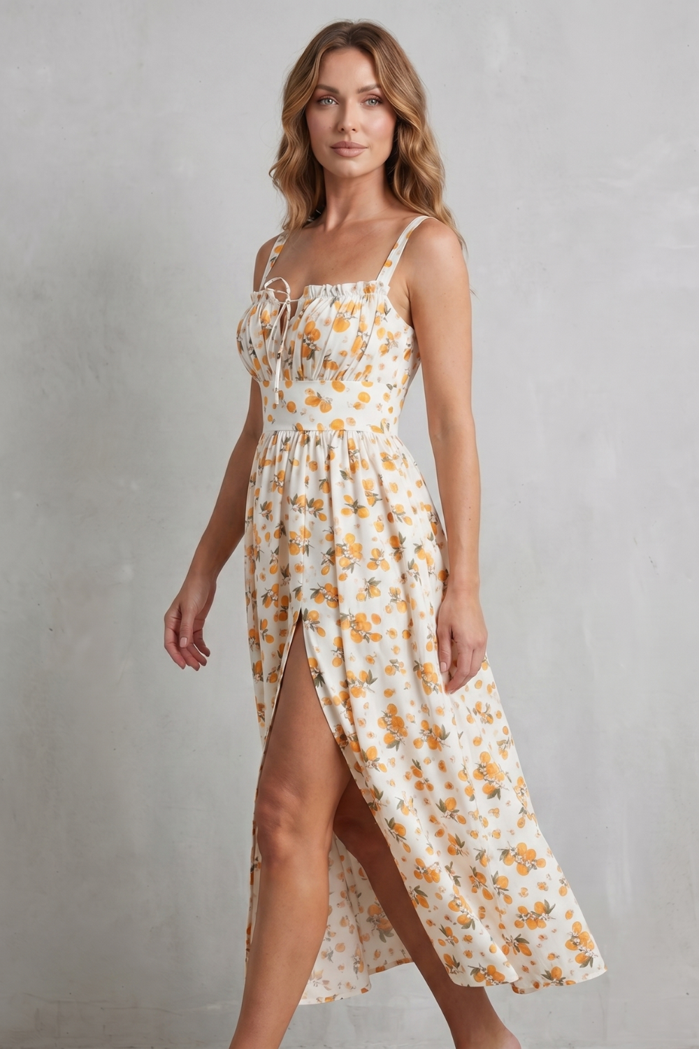 Fioralina – Romance com estampa de frutas – Vestido longo