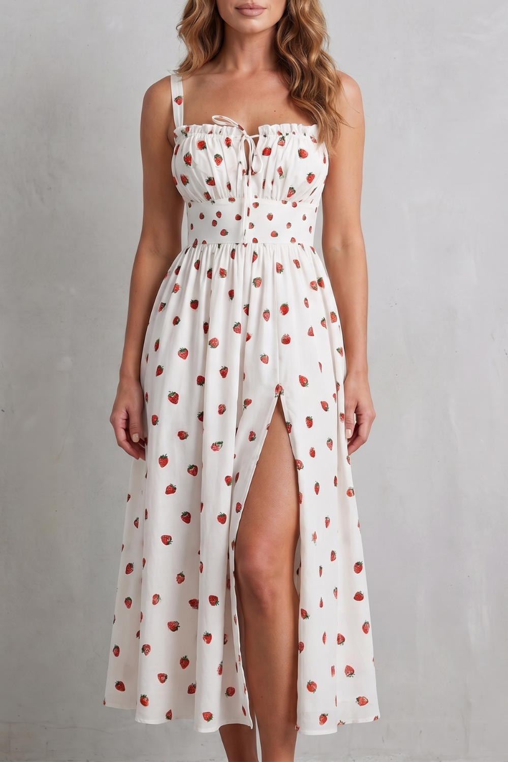 Fioralina – Romance com estampa de frutas – Vestido longo