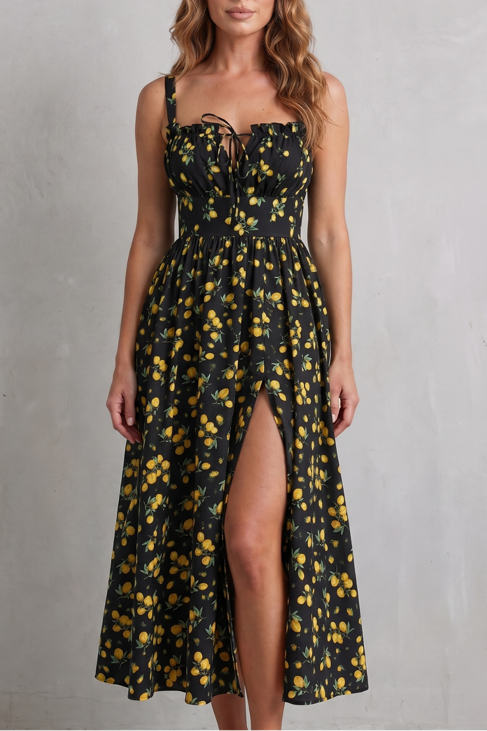 Fioralina – Romance com estampa de frutas – Vestido longo
