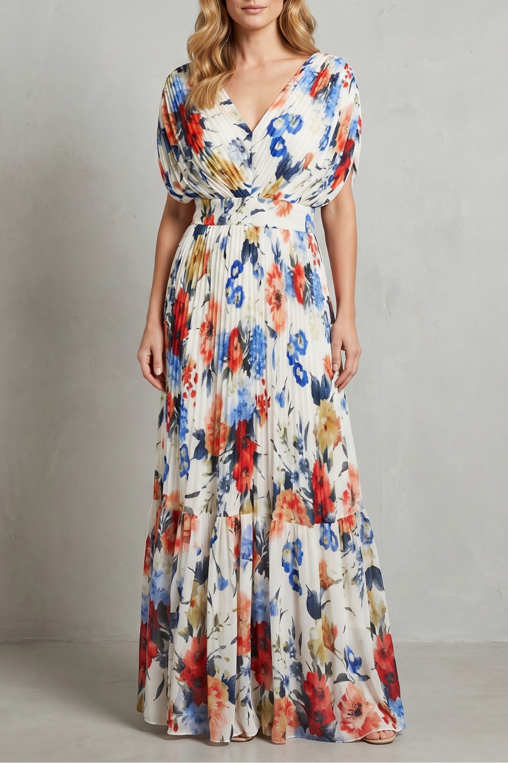 Floravienne – Elegância floral plissada – Vestido maxi