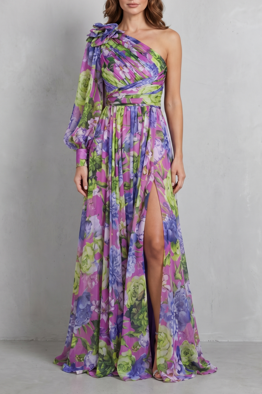 Floravique – Vestido maxi com drapeado floral de um ombro
