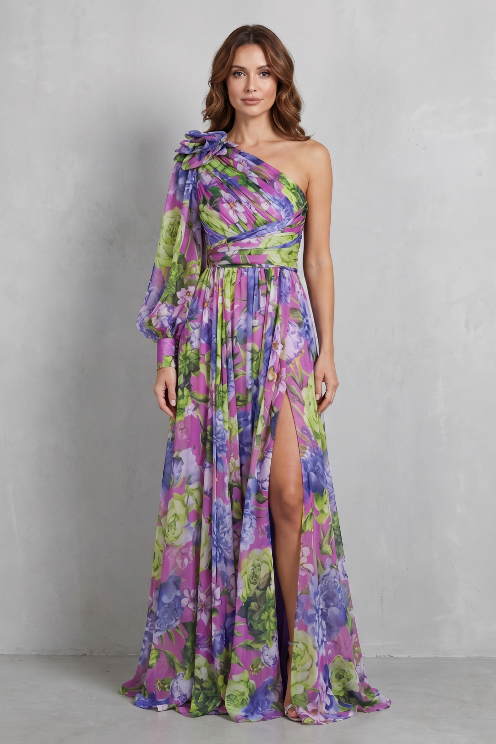 Floravique – Vestido maxi com drapeado floral de um ombro