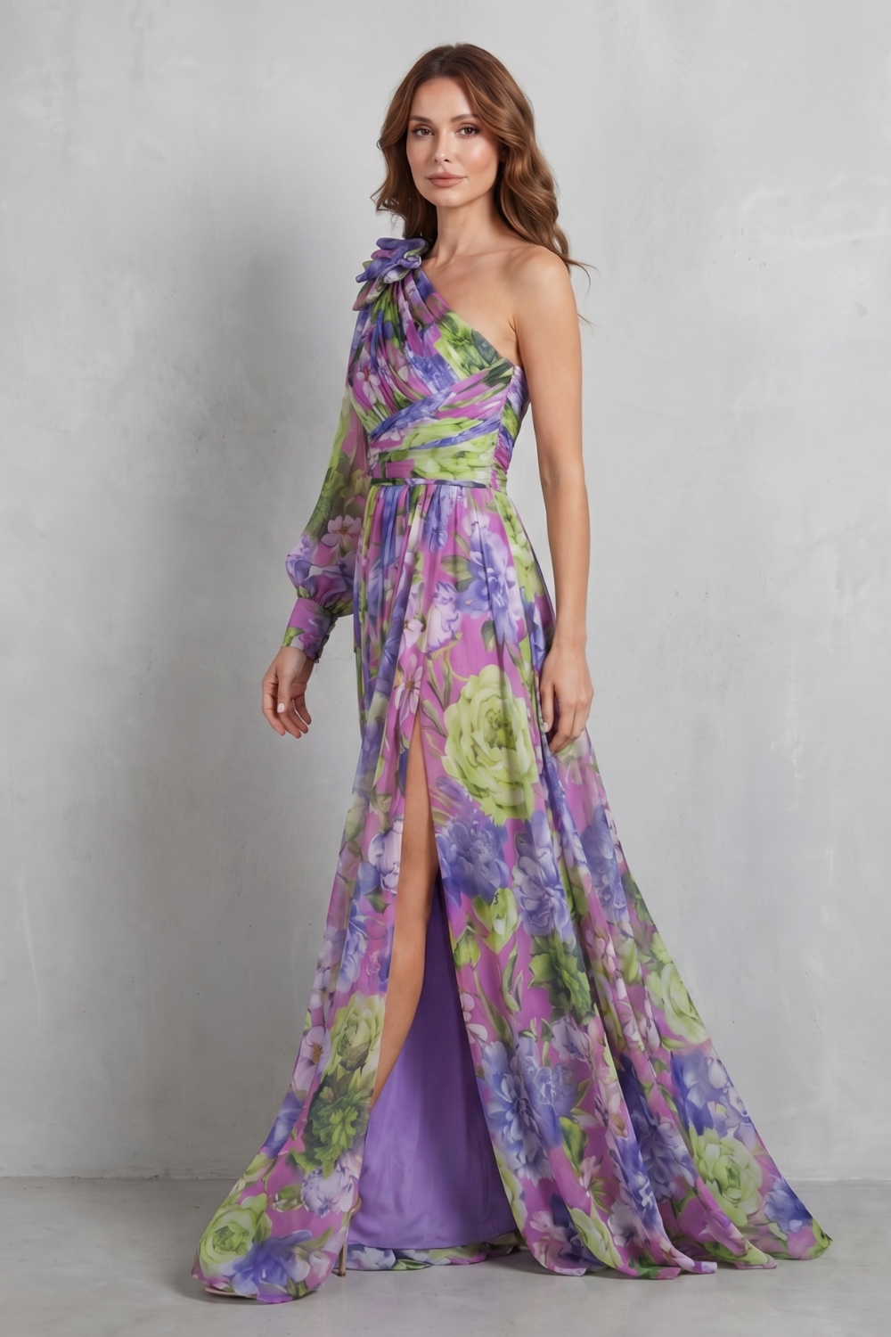 Floravique – Vestido maxi com drapeado floral de um ombro