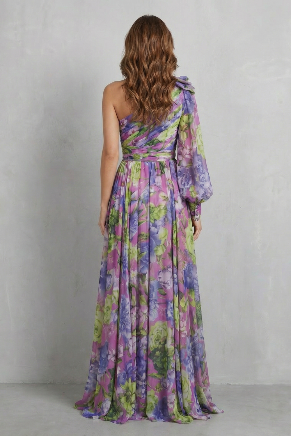 Floravique – Vestido maxi com drapeado floral de um ombro