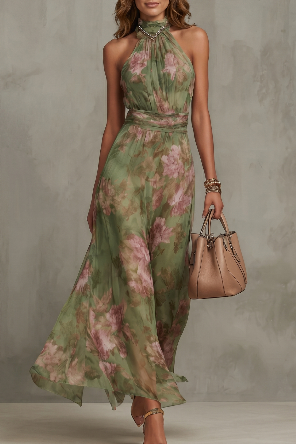 Floréa – Silhueta romântica de halter floral – Vestido maxi