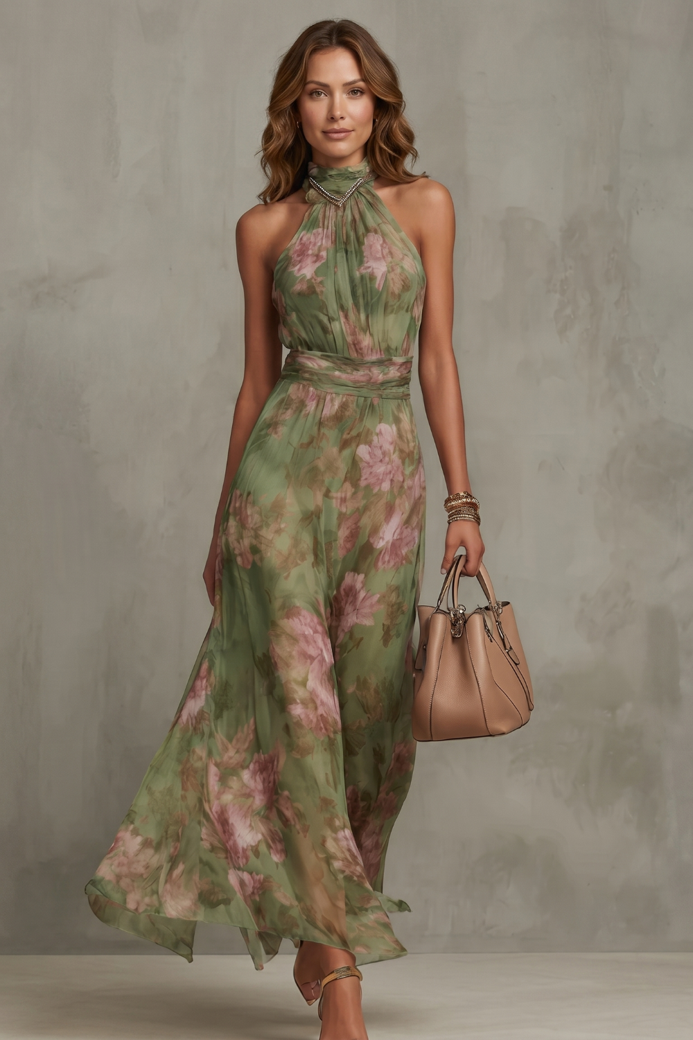 Floréa – Silhueta romântica de halter floral – Vestido maxi